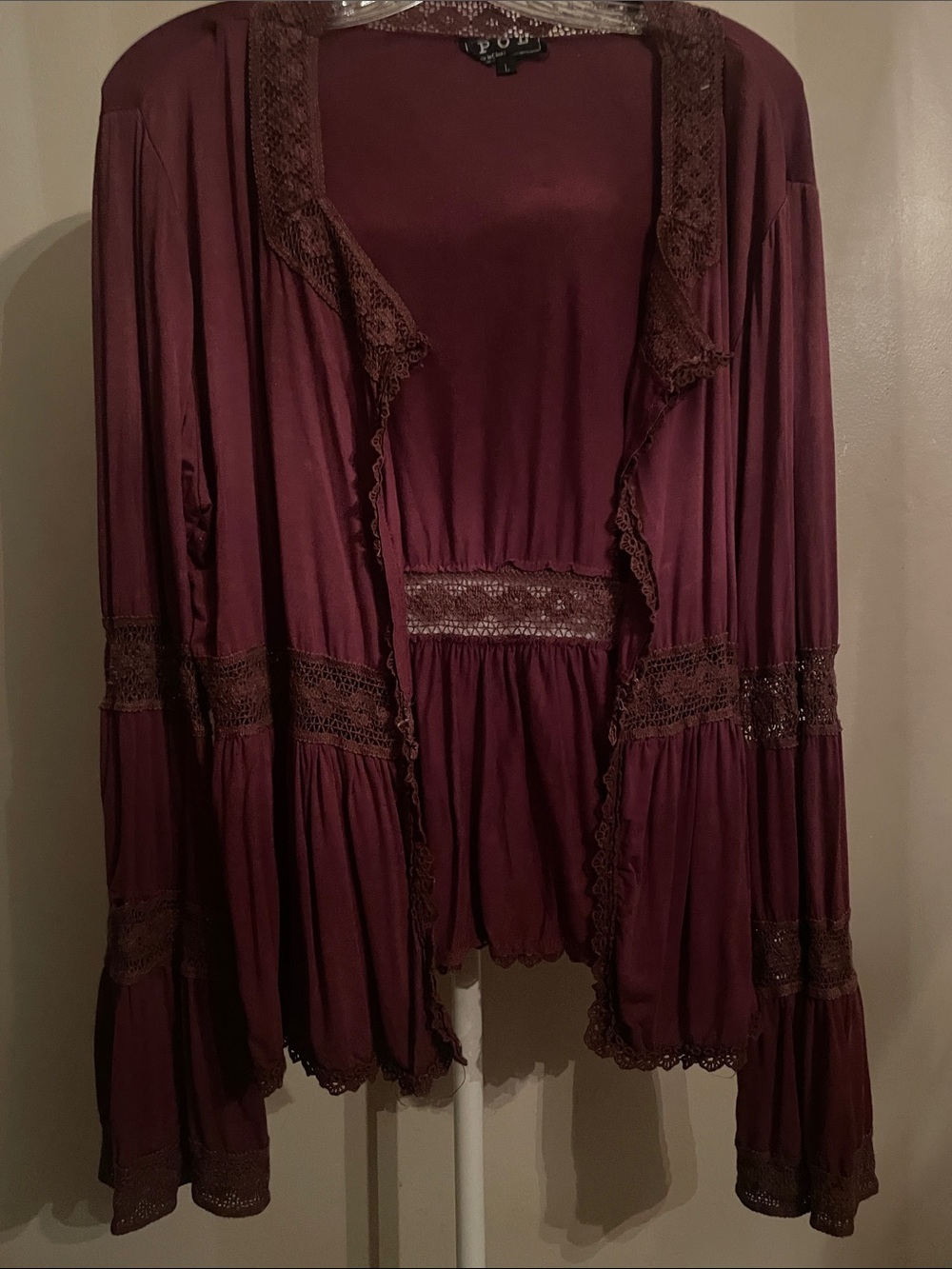 POL Burgundy Lace-Trim Open Cardigan